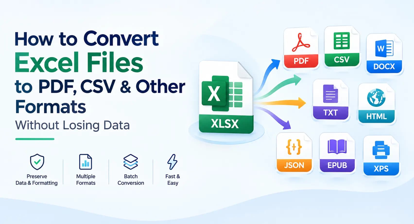 Excel conversion, Excel file converter, convert Excel to PDF, Excel to CSV, Excel to DOCX, Excel to HTML, Excel to JSON, Excel to TXT, Excel to EPUB, Excel to XPS, XLSX converter, XLS converter, Excel data conversion, Excel batch conversion, Excel formatting preservation, convert Excel without data loss, Excel conversion software, offline Excel converter, spreadsheet converter, Shefware Excel Converter