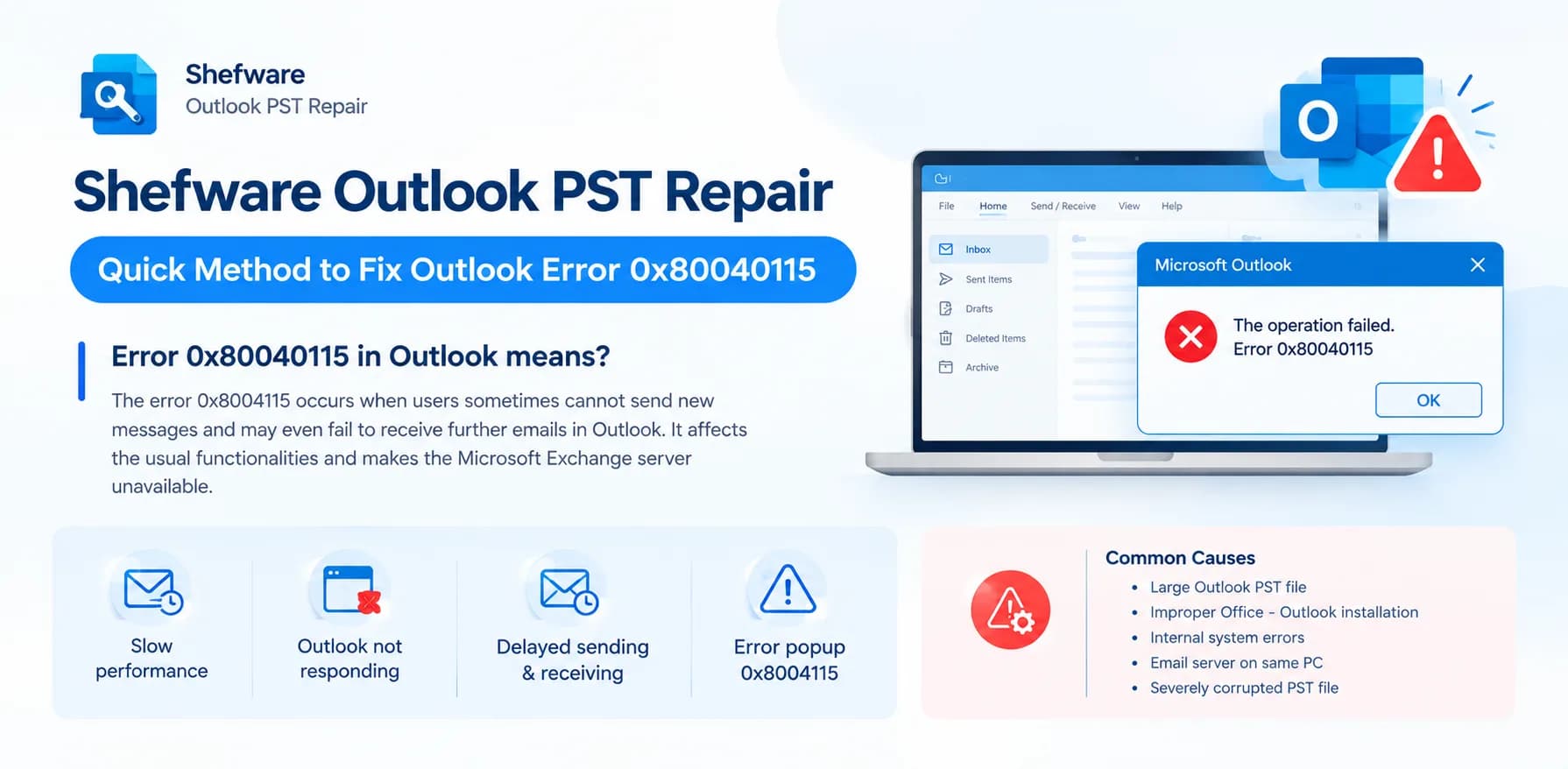 outlook error 0x80040115, fix outlook error 0x80040115, outlook 0x80040115, outlook error 0x80040115 exchange server, outlook not connecting to exchange server, outlook cannot send receive email error, repair corrupt pst file, scanpst.exe repair tool, outlook safe mode fix, outlook add-ins error, create new outlook profile, shefware outlook pst repair