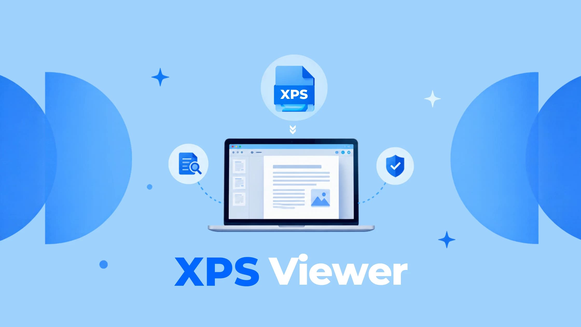XPS Viewer software displaying an XPS document on a laptop, with icons representing document viewing, search, and secure file access.