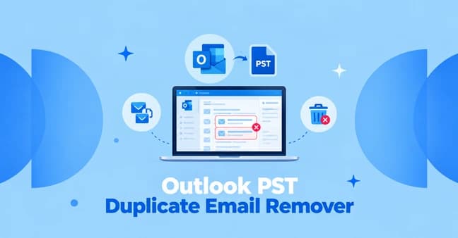 Outlook PST Duplicate Email Remover banner showing a laptop detecting duplicate emails next to Outlook and PST file icons
