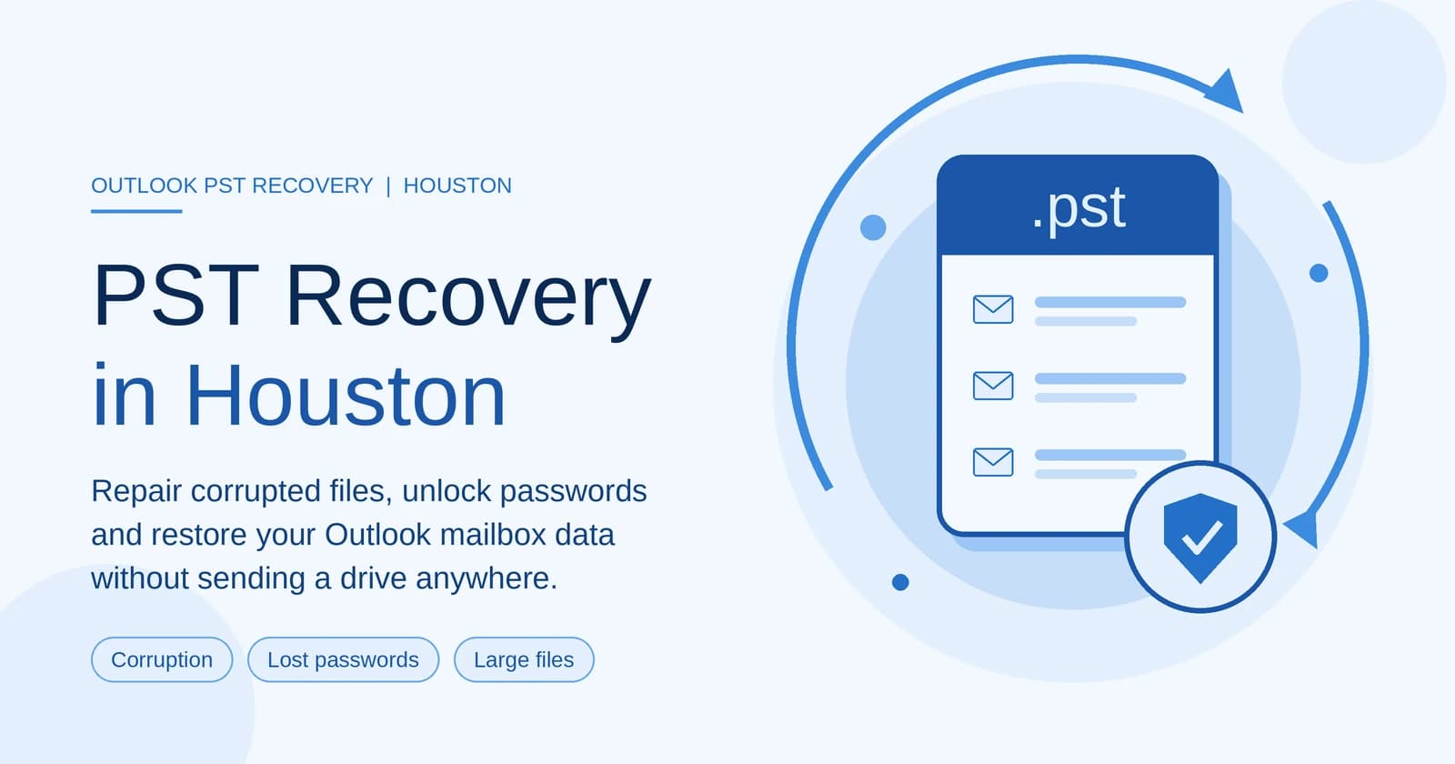 PST Recovery in Houston: illustration of an Outlook .pst file with mail items and a shield check mark for repairing corrupted files and recovering passwords