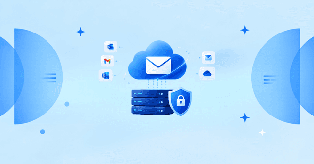 **Alt Tag:** `Secure cloud email backup illustration showing mailboxes like Outlook and Gmail connecting to encrypted cloud servers and storage`