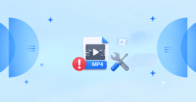 Banner illustration showing a corrupted MP4 video file with a warning symbol and repair tools for video recovery