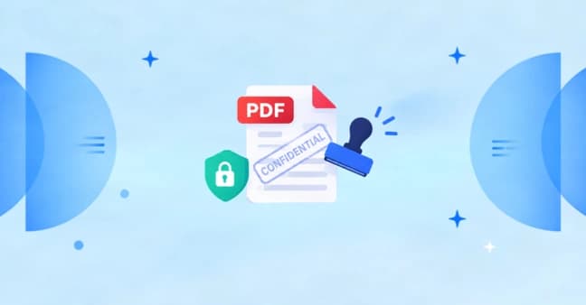 Illustration showing a secure PDF file stamped with a Confidential watermark and a security shield icon.