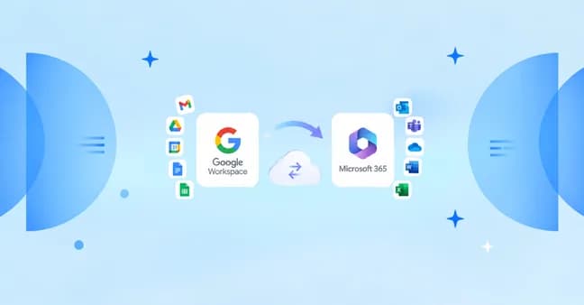 Banner graphic illustrating cloud data migration from Google Workspace to Microsoft 365