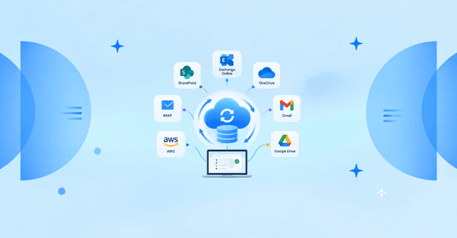 Diagram of enterprise cloud data lifecycle connecting platforms like Microsoft 365, SharePoint, OneDrive, Gmail, Google Drive, AWS, and IMAP to a central management hub