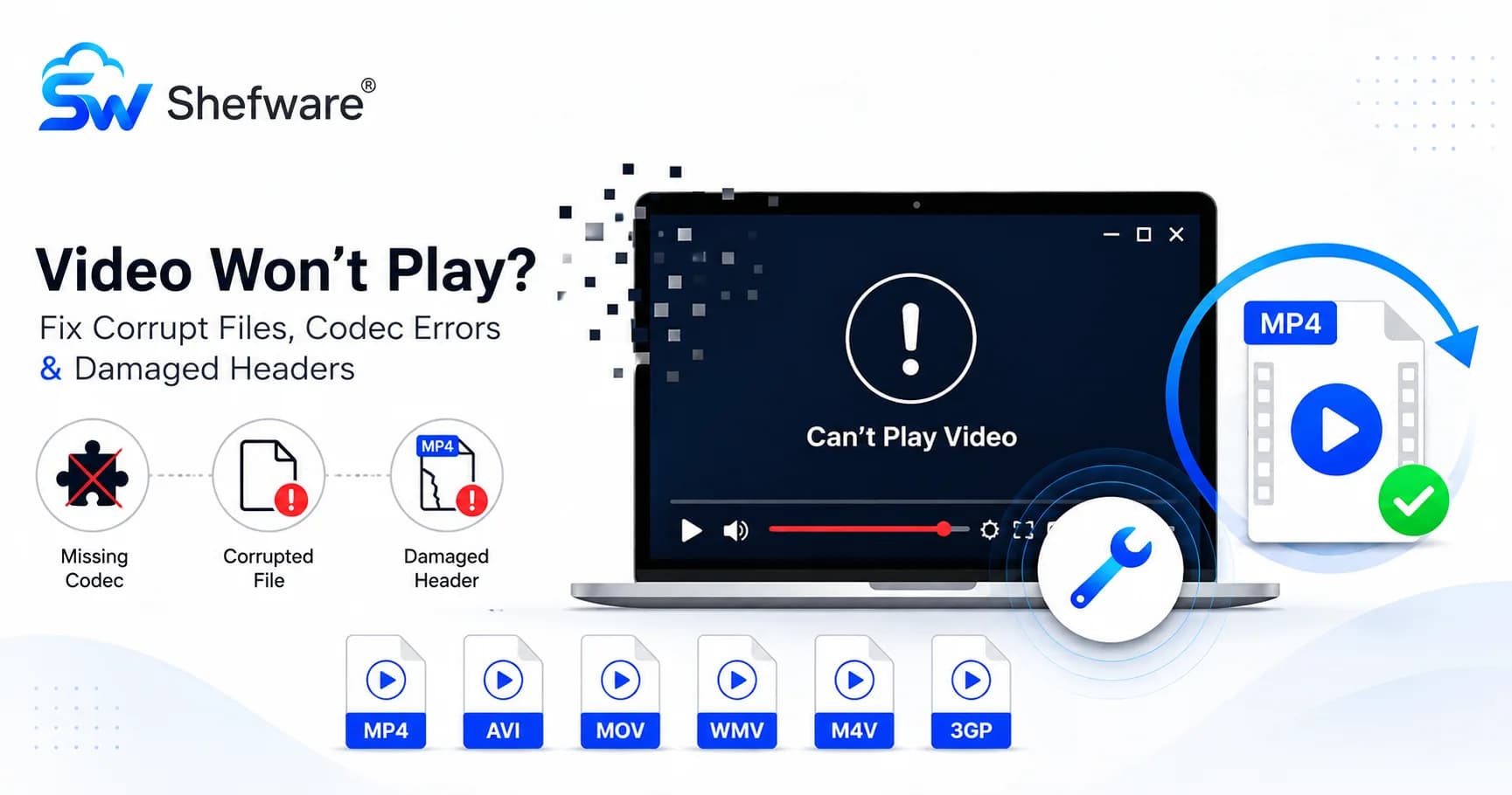 video playback problems, why won't my video play, fix corrupt video file, video repair, corrupted video file, video codec errors, missing codec error, damaged video file, damaged video header, fix MP4 video, MP4 repair, MOV repair, video repair software, video file repair tool, codec 0xc004f011 error, fix video playback error, repair corrupted MP4, Shefware Video Repair Tool