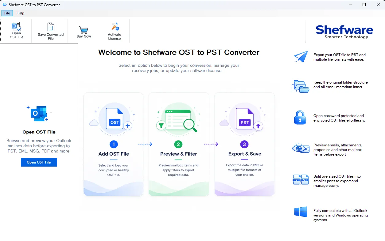 Shefware OST to PST Converter Engine UI